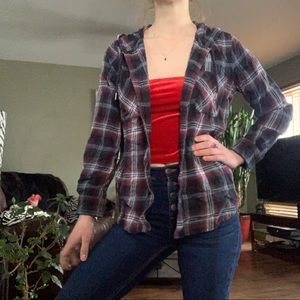 Checkered Red Button Down Hooded Shirt